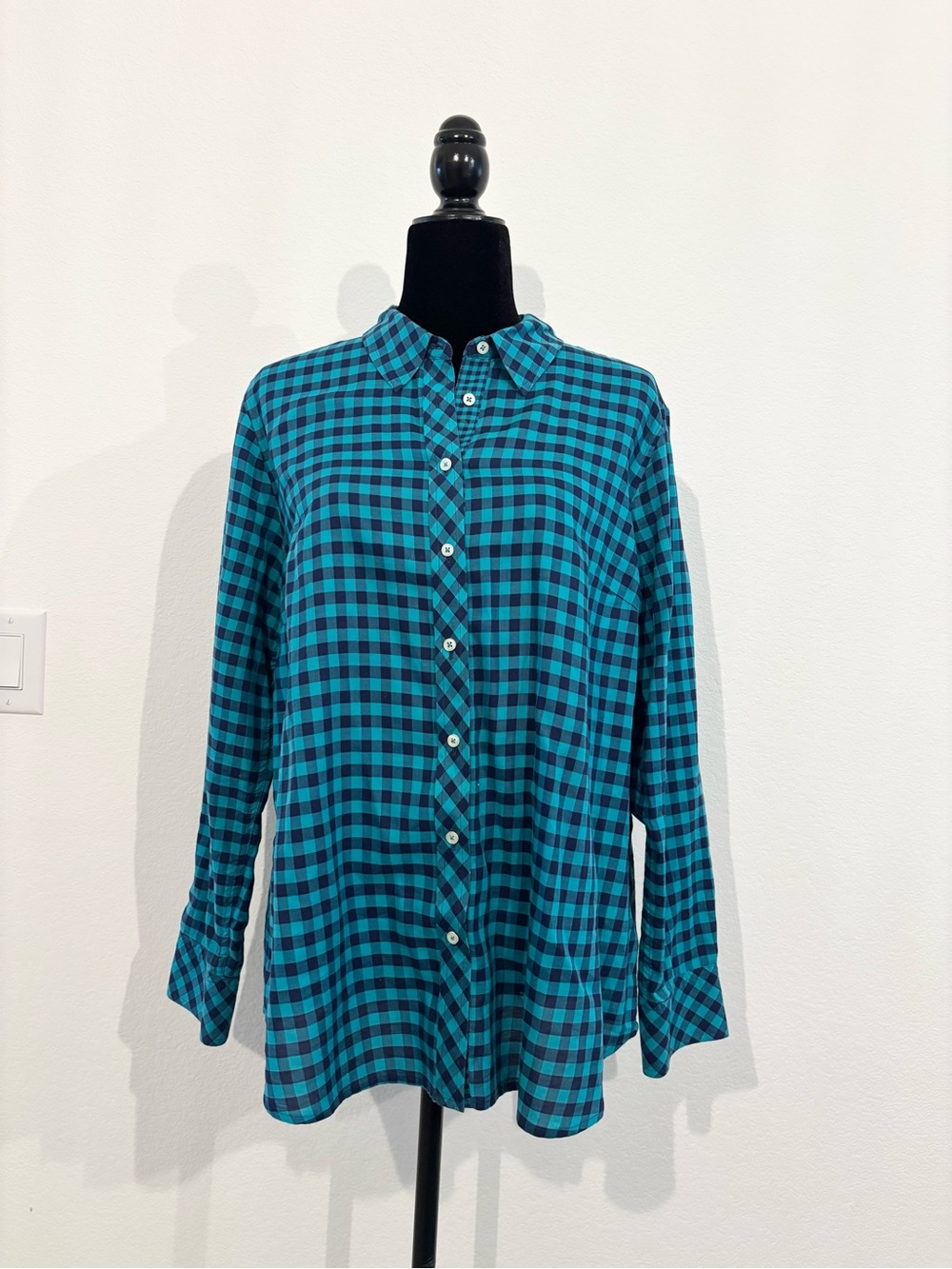 Talbots Teal and Black Plaid Button-Down Shirt
